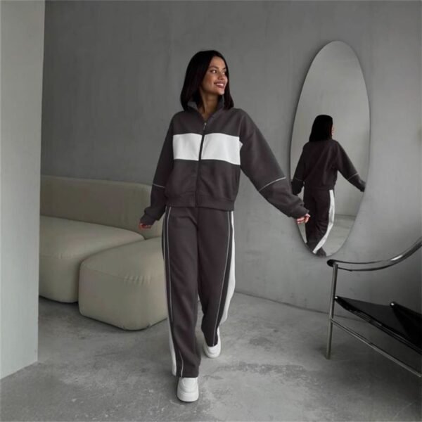 Apricot (New) Polyester Color-Blocked Long-Sleeved Stand-Collar Jacket And Trousers Set