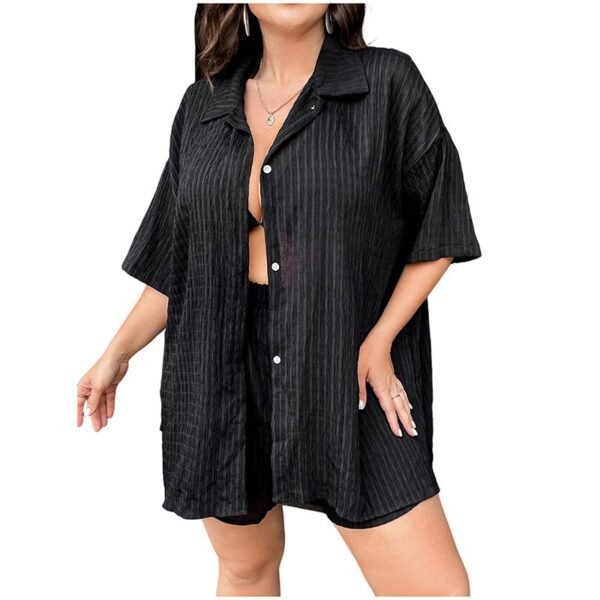 Black Cotton Lapel Button-Down Shirt And Shorts Set