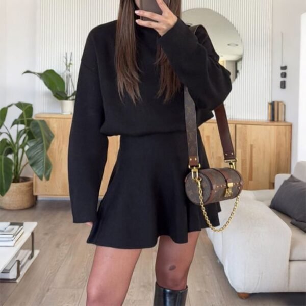 Black Knitted Crew Neck Skirt