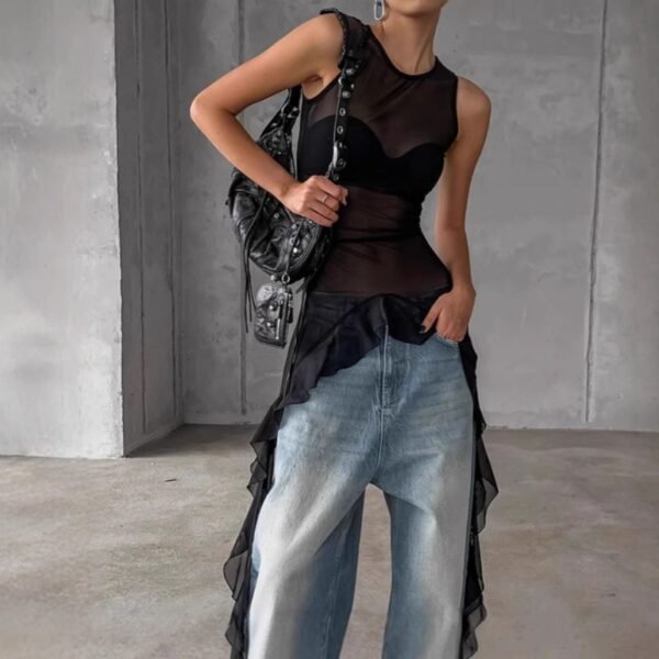 Black Mesh Tulle Ruffled Short Skirt