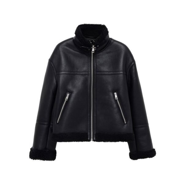 Black Polyester Leather Stand-up Collar Jacket