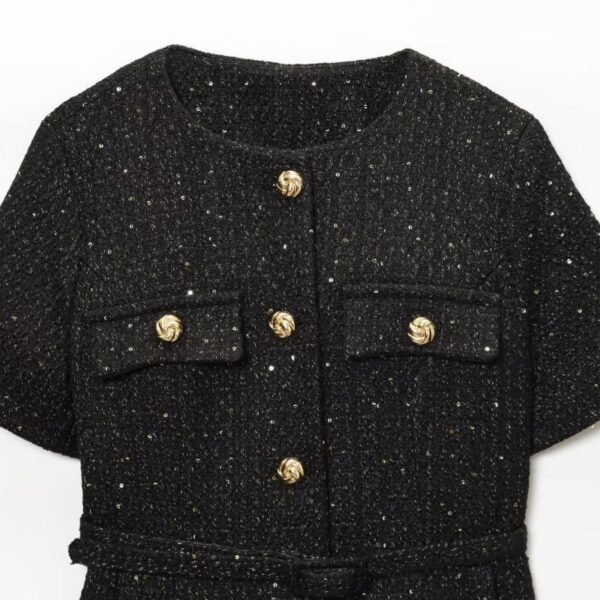 Black Polyester Textured Crew Neck Jacket