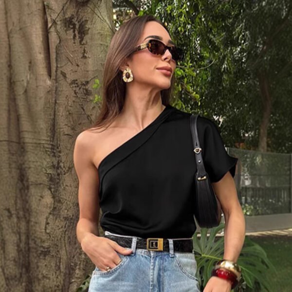 Black Satin Short Sleeves With Slanted Collar