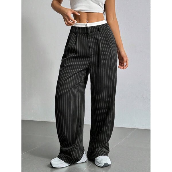 Blue Bottom Vermicelli Polyester Striped High-Waist Straight-Leg Trousers