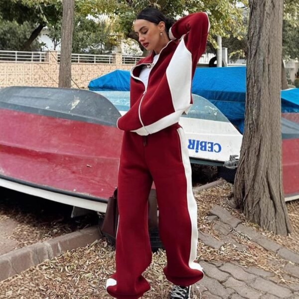 Blue Color-Blocked Long-Sleeved Zip-Up Jacket And Trousers Two-Piece Set