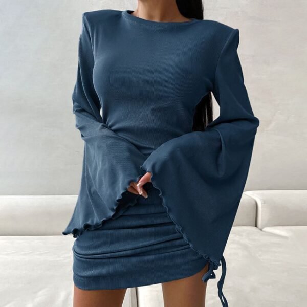 Blue Ribbed Knit Flared Sleeve Pleated Mini Skirt