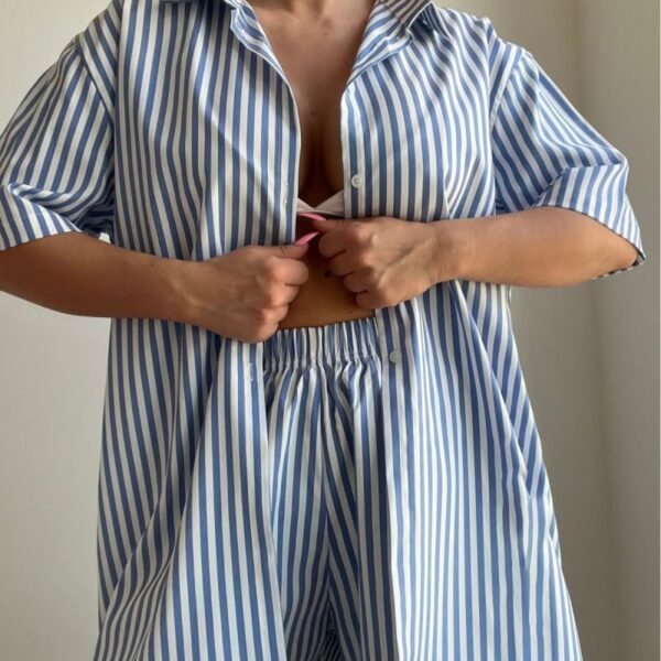 Blue Striped Lapel Shirt And Shorts Set