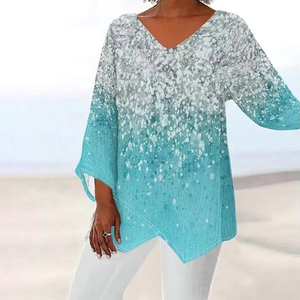 Blue V-Neck Irregular Long-Sleeved Top