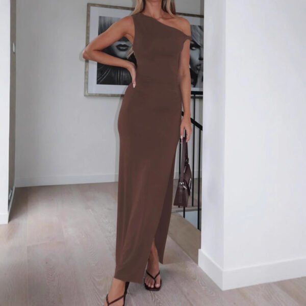Brown Polyester One-Shoulder Maxi Dress