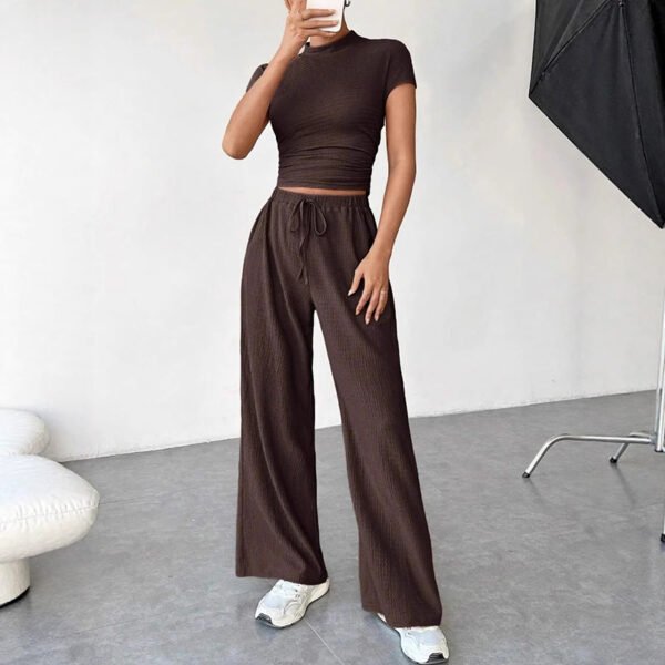 Brown Polyester Stand-Up Collar Short-Sleeved Tie-Dye Wide-Leg Trousers Suit