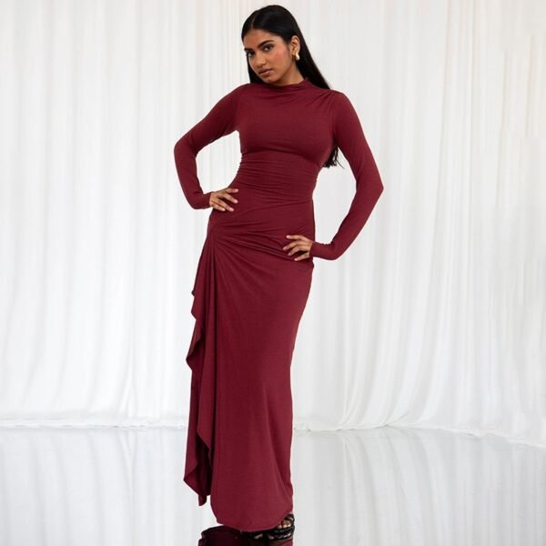 Claret Round Neck Irregular Slit Long Skirt