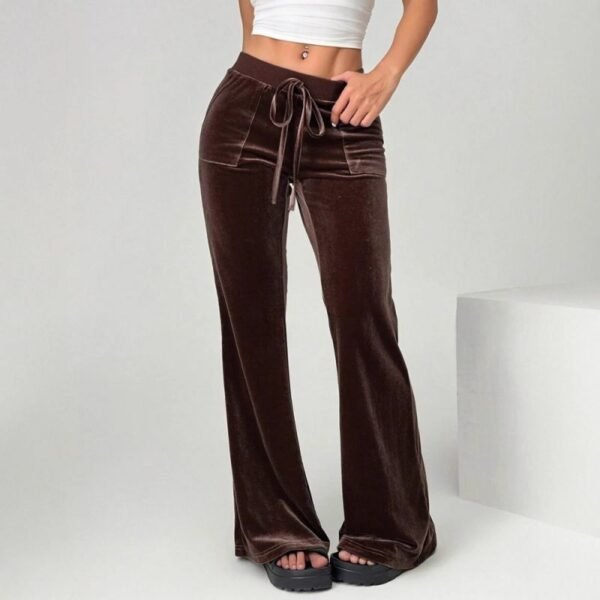 Coffee Brown Polyester Drawstring Straight Leg Trousers