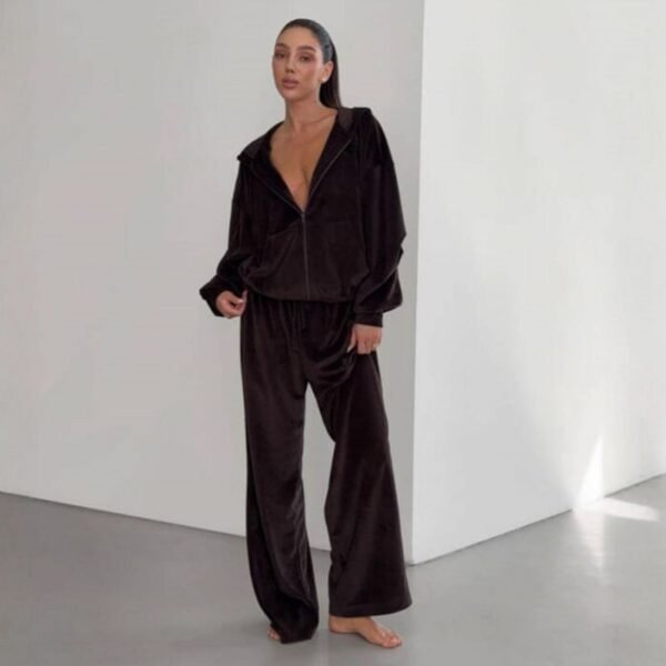 Coffee Brown Polyester Long-Sleeved Hooded Cardigan And Trousers Set