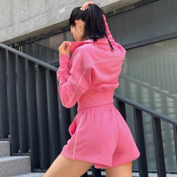 Coffee Brown Polyester Stand-Up Collar Zip-Up Jacket And Shorts Set