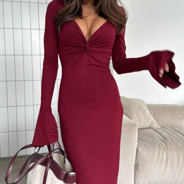 Coffee Brown V-Neck Ruffle Sleeve Long Dress