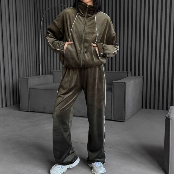 Coffee Brown Velvet Stand-Up Collar Zip-Up Jacket And Trousers Suit