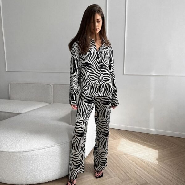 Color Polyester Zebra-Print Shirt And Trousers Set