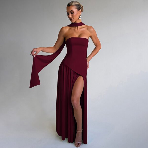 Dark Blue Polyester Tube Top Slit Maxi Skirt