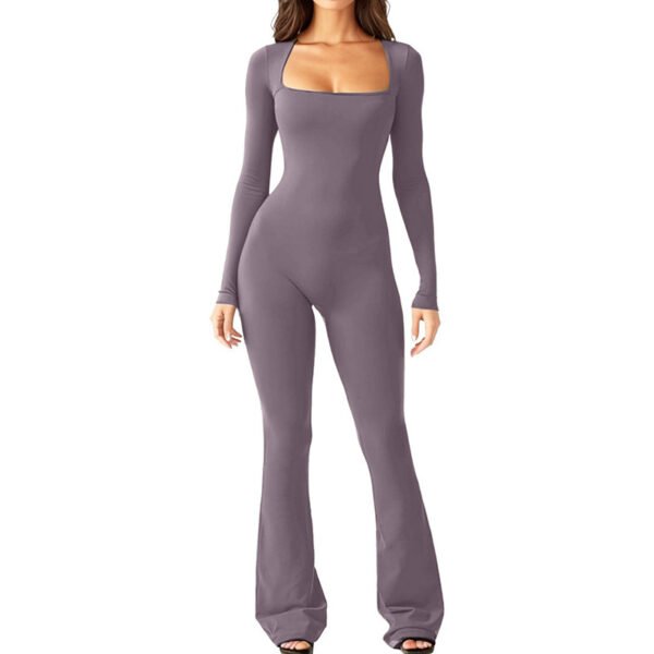 Dark Brown Long-Sleeved Square-Neck Waisted Jumpsuit