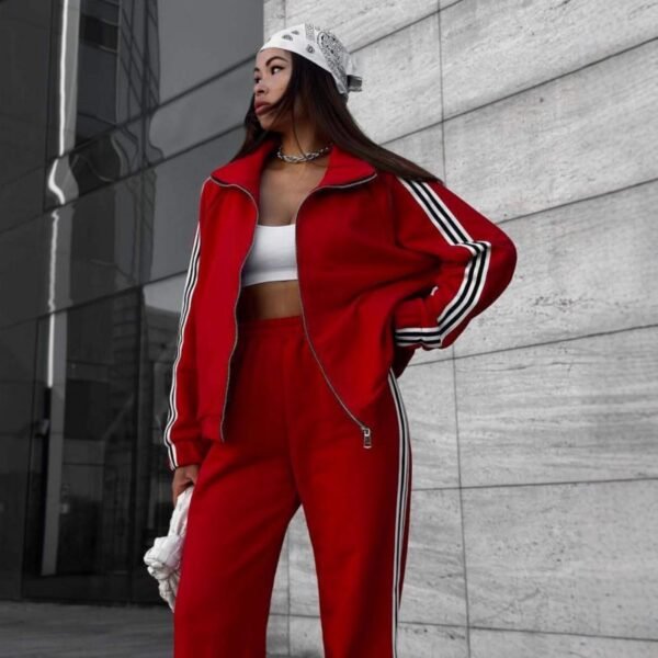 Green Color-Blocked Striped Hooded Jacket And Trousers Set