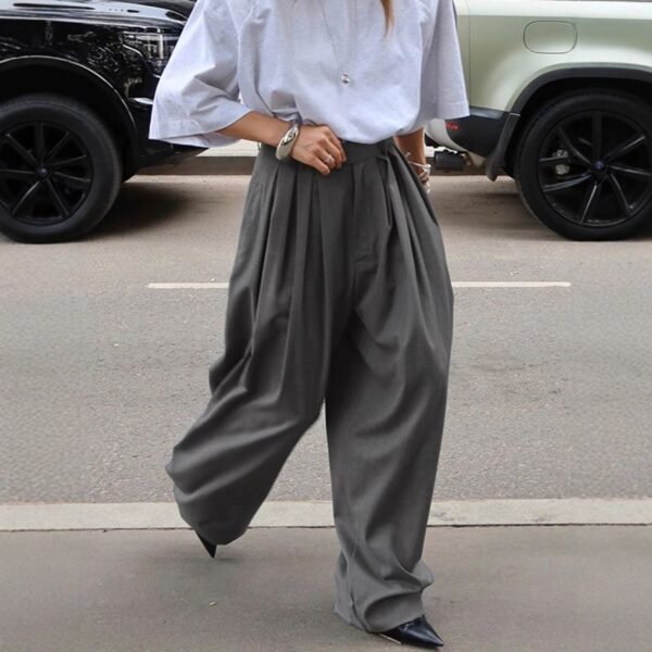 Grey Pleated Wide-Leg Suit Trousers