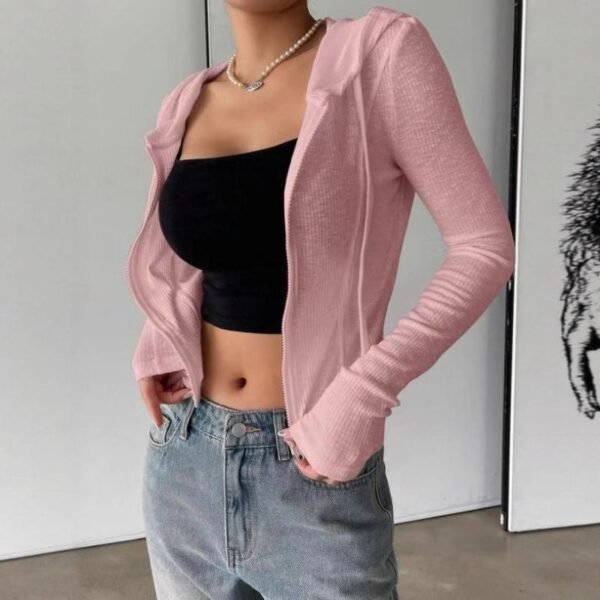 Khaki Polyester Zipper Hooded Knit Sweater