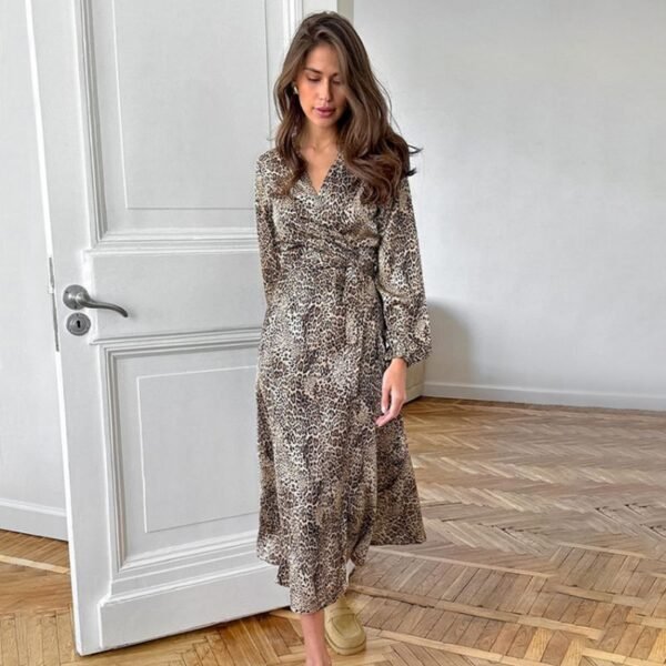 Leopard Print Leopard Print V-Neck Lantern Sleeve Long Dress
