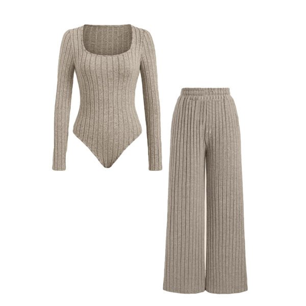 Light Brown Polyester Knitted Square Neck Long-Sleeved Bodysuit High Waist Straight Leg Pants Set