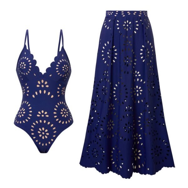 Navy Blue Suit Nylon Hollow One-Piece Swimsuit Beach Dress Set
