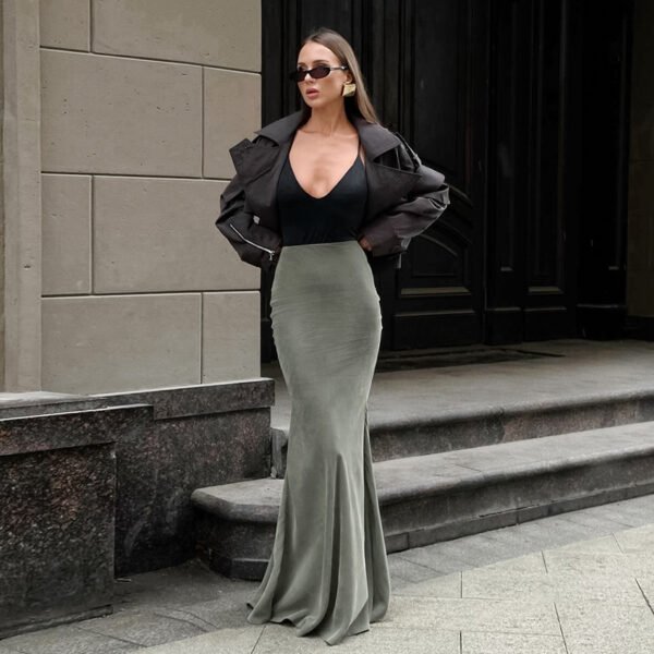 Green Polyester Fishtail Skirt