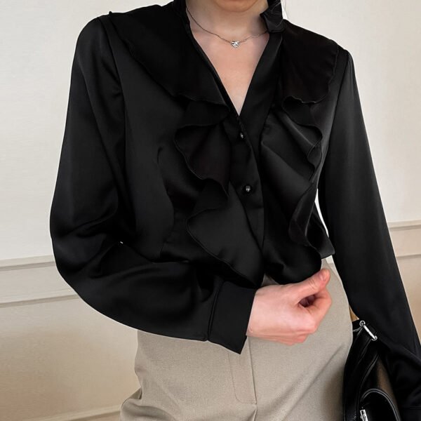 Black Ruffled Stand-Up Collar Shirt