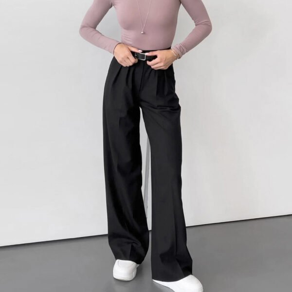 Black Blended Pleated High-Waisted Wide-Leg Trousers