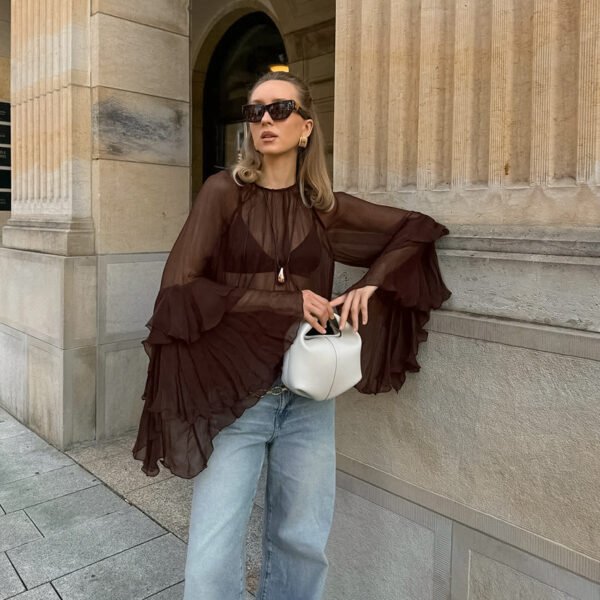 Brown Chiffon Bell-Sleeve Cover-Up