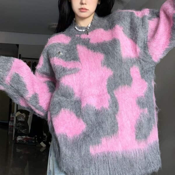 Pink Gray Polyester Printed Crew Neck Pullover Sweater