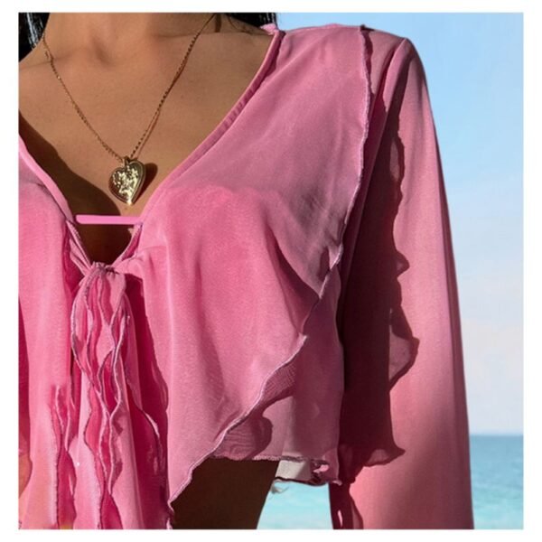 Pink Polyester Lace-Up V-Neck Swimsuit Cover-Up