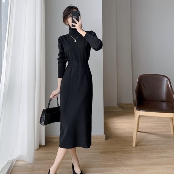 White High-Neck Knitted Waist Dress