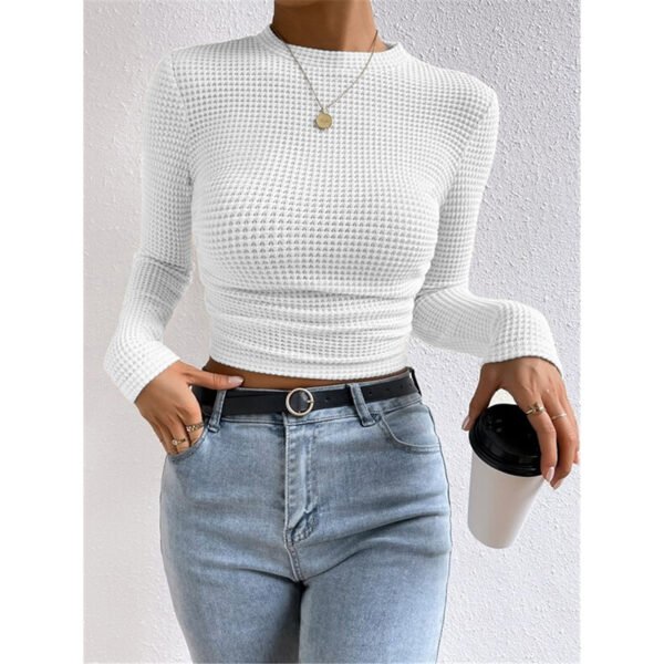 White Long-Sleeved Plaid Pleated Top