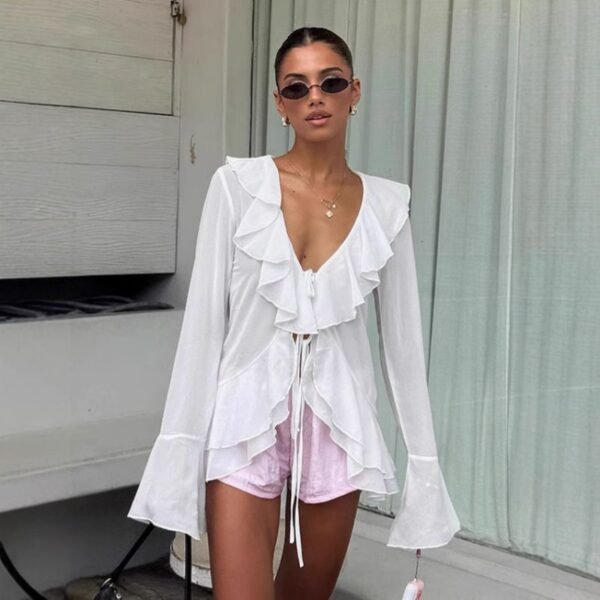 White Ruffled Chiffon V-Neck Shirt