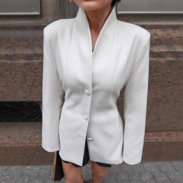 White Stand-Up Collar Fitted Waist Suit Jacket