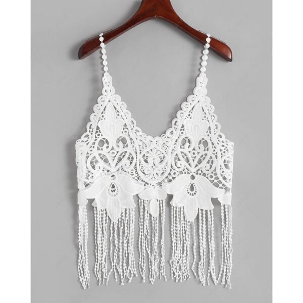 White Woven Crochet Tassel V-Neck Vest