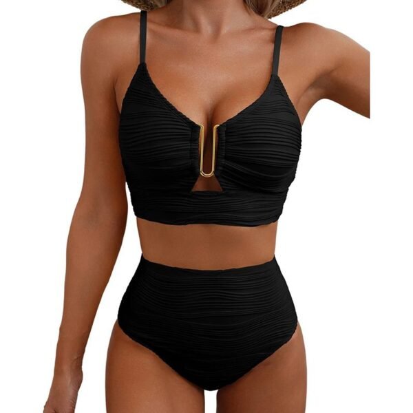 Black Polyestervhigh-waisted Two-piece Swimsuit With Cutout Neckline
