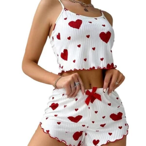 White And Red Hearts Sexy Slim Fit Heart Print Pajamas Set