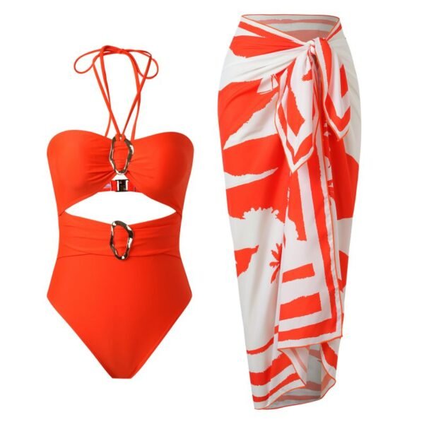 Orange Set Halter-neck Strapless Cutout One-piece Swimsuit Printed Beach Dress