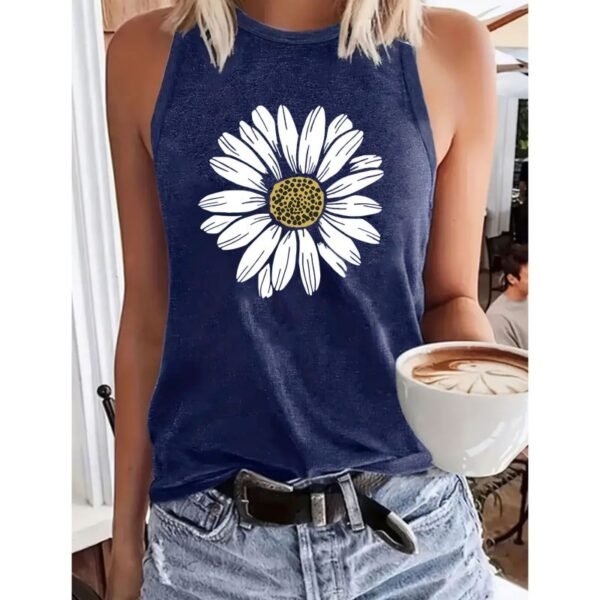 Dark Blue Sunflower Printed Casual Fashion Tank Top